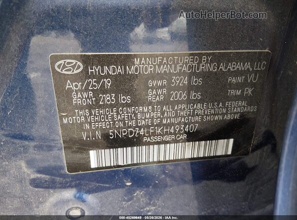 5NPD74LF1KH493407 2019 HYUNDAI ELANTRA Blue 