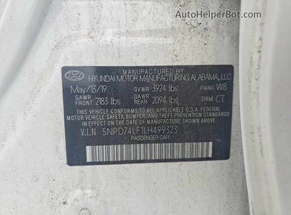 5NPD74LF1LH499323 2020 HYUNDAI ELANTRA White Вид наклейки з VIN-кодом