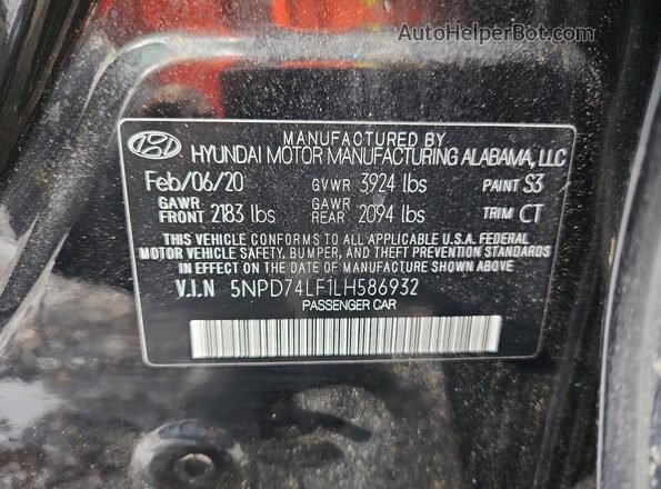5NPD74LF1LH586932 2020 HYUNDAI ELANTRA Черный Вид подкапотного пространства
