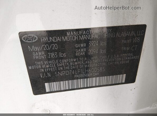 5NPD74LF1LH600585 2020 HYUNDAI ELANTRA White Vista del compartimento del motor