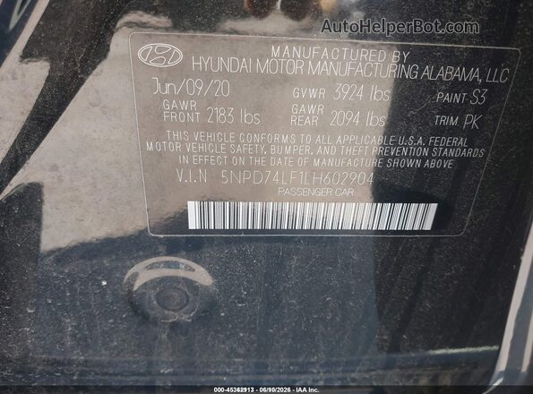 5NPD74LF1LH602904 2020 HYUNDAI ELANTRA Black ძრავის განყოფილების ხედი