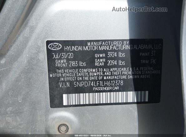 5NPD74LF1LH612378 2020 HYUNDAI ELANTRA Silver Vista del compartimento del motor