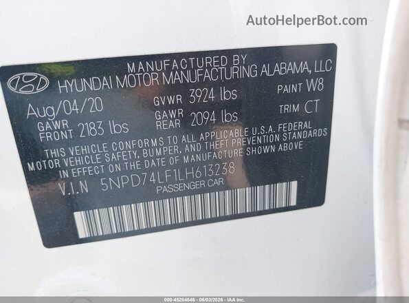 5NPD74LF1LH613238 2020 HYUNDAI ELANTRA White Vista del compartimento del motor