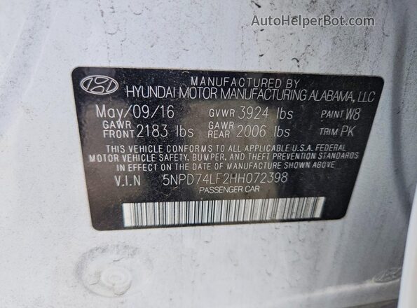 5NPD74LF2HH072398 2017 HYUNDAI ELANTRA White ძრავის განყოფილების ხედი