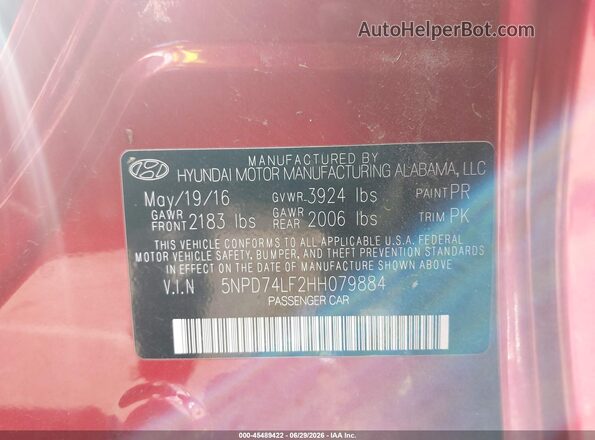 5NPD74LF2HH079884 2017 HYUNDAI ELANTRA Red Vista del compartimento del motor