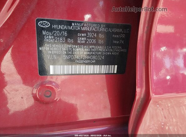5NPD74LF2HH080324 2017 HYUNDAI ELANTRA Red Engine compartment view