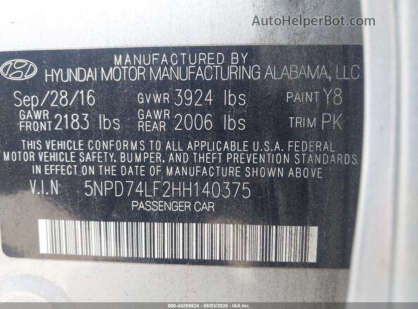 5NPD74LF2HH140375 2017 HYUNDAI ELANTRA Silver Vista del compartimento del motor