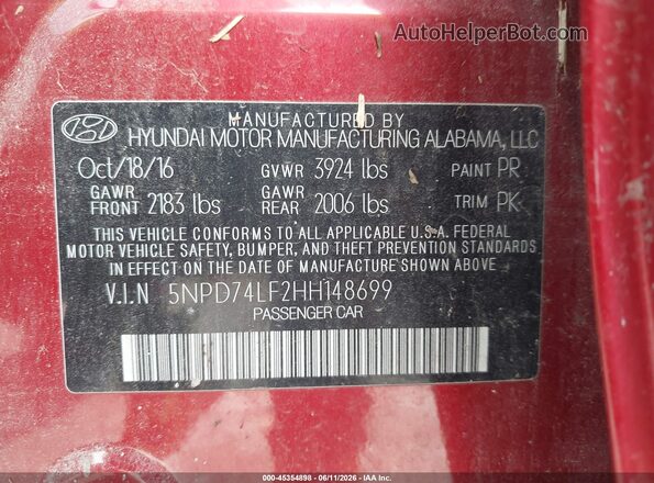 5NPD74LF2HH148699 2017 HYUNDAI ELANTRA Red Vista del compartimento del motor