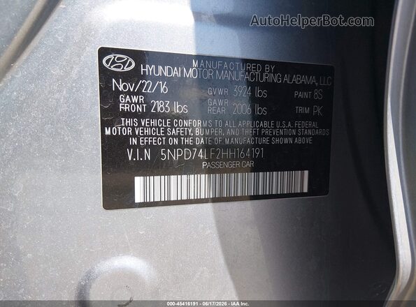 5NPD74LF2HH164191 2017 HYUNDAI ELANTRA Silver Engine compartment view