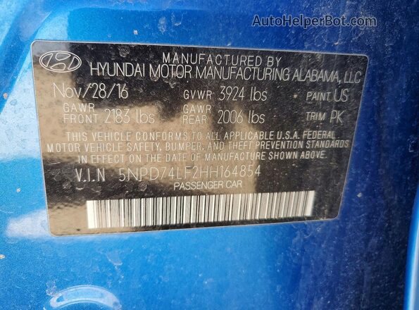5NPD74LF2HH164854 2017 HYUNDAI ELANTRA Blue VIN կոդի պիտակի տեսք