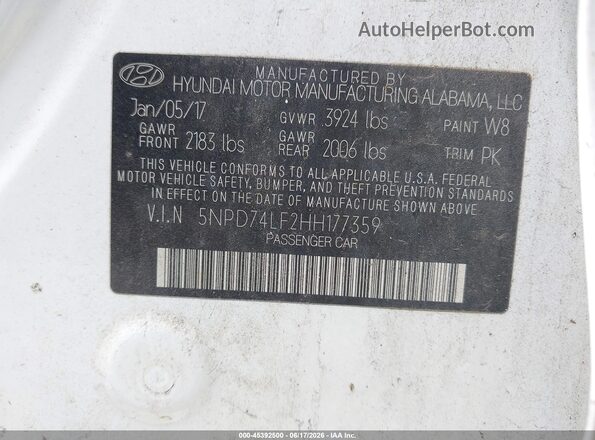 5NPD74LF2HH177359 2017 HYUNDAI ELANTRA Белый Вид подкапотного пространства