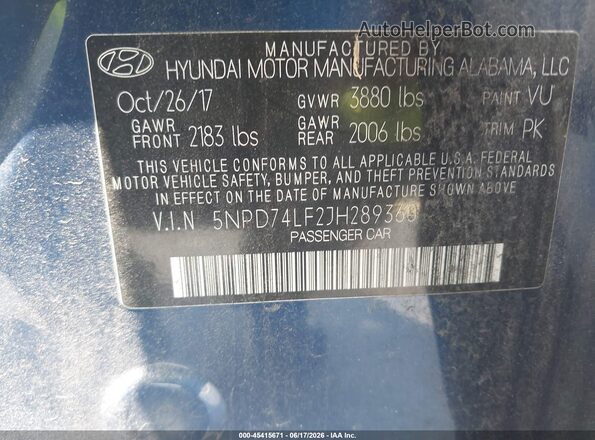 5NPD74LF2JH289360 2018 HYUNDAI ELANTRA Blue Vista del compartimento del motor