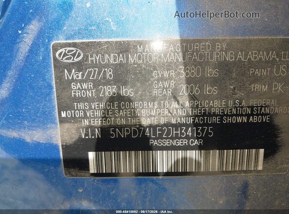 5NPD74LF2JH341375 2018 HYUNDAI ELANTRA Blue ძრავის განყოფილების ხედი