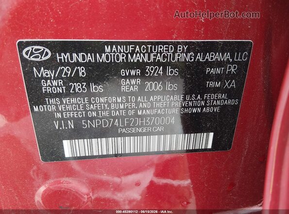 5NPD74LF2JH370004 2018 HYUNDAI ELANTRA Red Вид підкапотного простору
