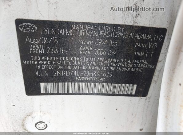 5NPD74LF2JH393623 2018 HYUNDAI ELANTRA White Vista del compartimento del motor