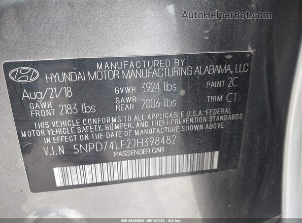 5NPD74LF2JH398482 2018 HYUNDAI ELANTRA Gray Вид підкапотного простору