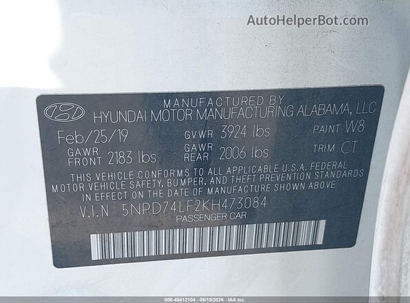 5NPD74LF2KH473084 2019 HYUNDAI ELANTRA White Вид підкапотного простору