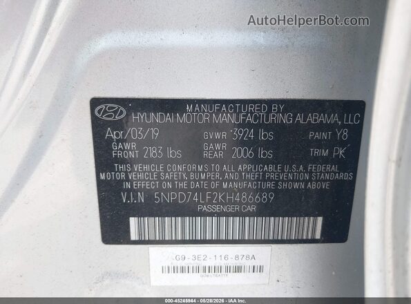 5NPD74LF2KH486689 2019 HYUNDAI ELANTRA Silver Widok komory silnika