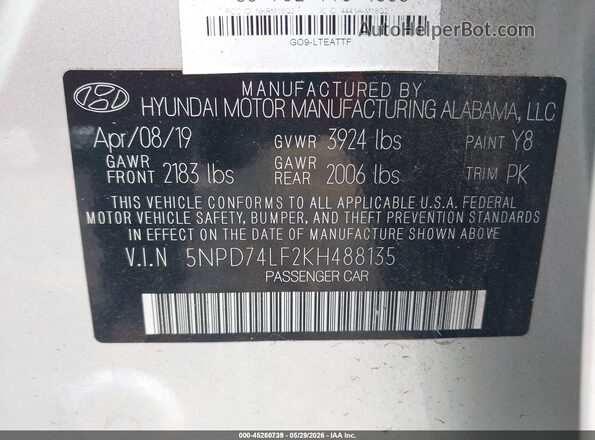 5NPD74LF2KH488135 2019 HYUNDAI ELANTRA Silver Вид підкапотного простору
