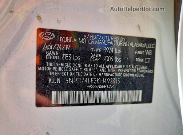 5NPD74LF2KH492315 2019 HYUNDAI ELANTRA White Vista del compartimento del motor