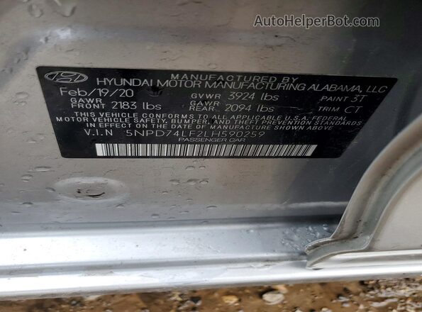 5NPD74LF2LH590259 2020 HYUNDAI ELANTRA Silver VIN კოდის სტიკერის ხედი