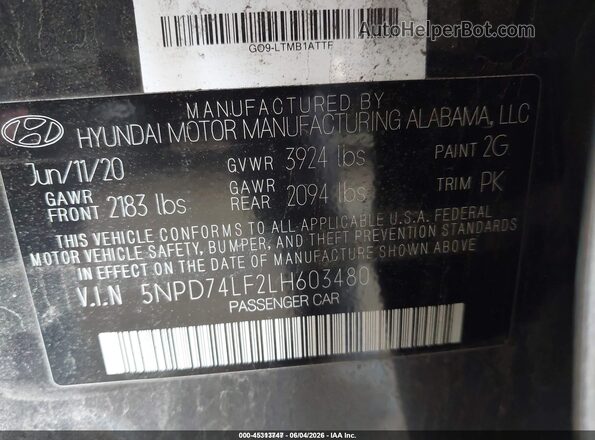 5NPD74LF2LH603480 2020 HYUNDAI ELANTRA Black Vista del compartimento del motor