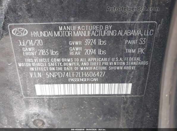 5NPD74LF2LH606427 2020 HYUNDAI ELANTRA Black Vista del compartimento del motor