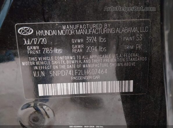 5NPD74LF2LH607464 2020 HYUNDAI ELANTRA Black Vista del compartimento del motor