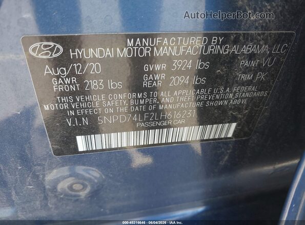 5NPD74LF2LH616231 2020 HYUNDAI ELANTRA Blue 