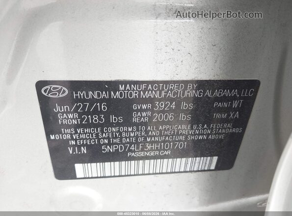 5NPD74LF3HH101701 2017 HYUNDAI ELANTRA Beige Widok komory silnika