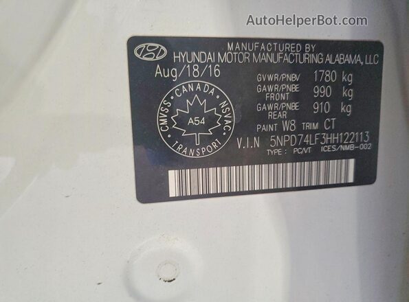 5NPD74LF3HH122113 2017 HYUNDAI ELANTRA White VIN sticker view