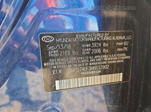 5NPD74LF3HH132902 2017 HYUNDAI ELANTRA Синий Вид подкапотного пространства