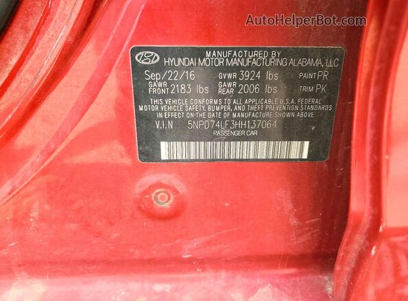 5NPD74LF3HH137064 2017 HYUNDAI ELANTRA Red 