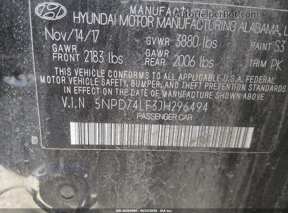 5NPD74LF3JH296494 2018 HYUNDAI ELANTRA Black Engine compartment view