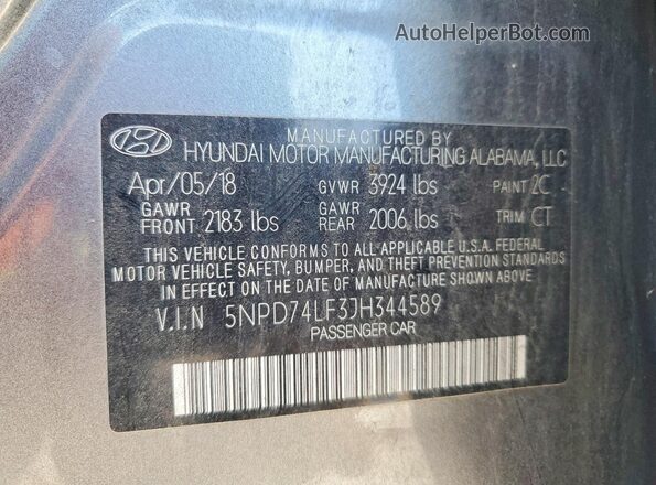 5NPD74LF3JH344589 2018 HYUNDAI ELANTRA Gray Vista de la etiqueta del VIN