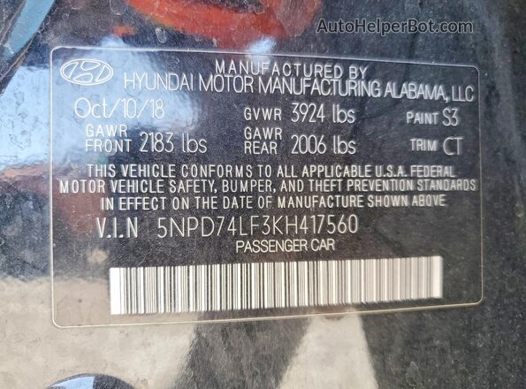 5NPD74LF3KH417560 2019 HYUNDAI ELANTRA Black 
