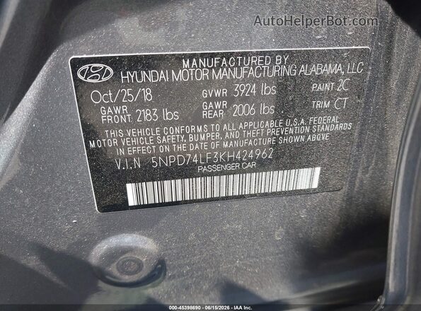 5NPD74LF3KH424962 2019 HYUNDAI ELANTRA Silver 