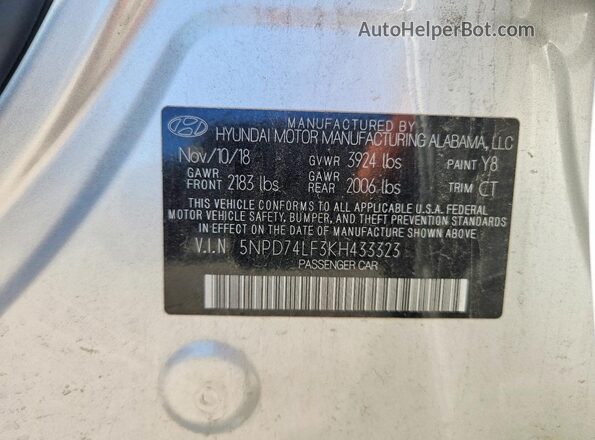 5NPD74LF3KH433323 2019 HYUNDAI ELANTRA Silver VIN կոդի պիտակի տեսք
