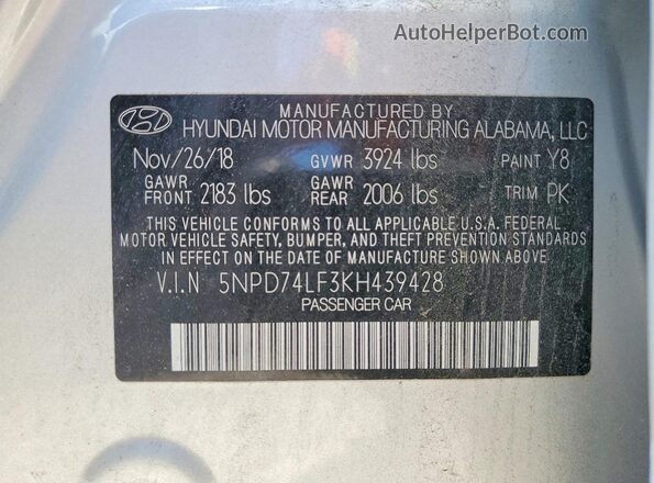 5NPD74LF3KH439428 2019 HYUNDAI ELANTRA Silver VIN კოდის სტიკერის ხედი