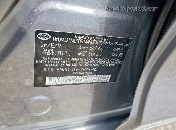5NPD74LF3KH459467 2019 HYUNDAI ELANTRA Gray Vista del compartimento del motor