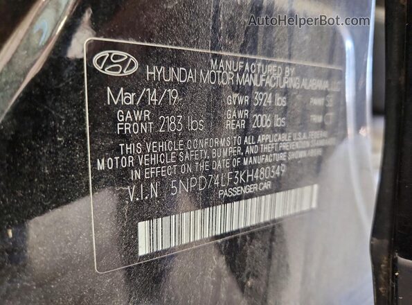 5NPD74LF3KH480349 2019 HYUNDAI ELANTRA Black Widok naklejki z numerem VIN