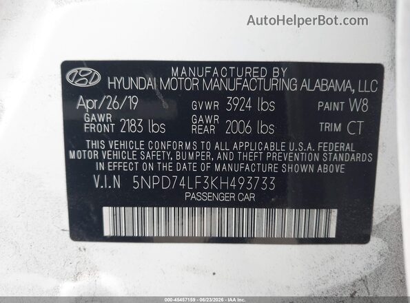 5NPD74LF3KH493733 2019 HYUNDAI ELANTRA White Вид підкапотного простору