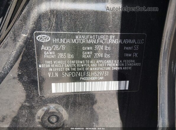 5NPD74LF3LH529731 2020 HYUNDAI ELANTRA Black Widok komory silnika