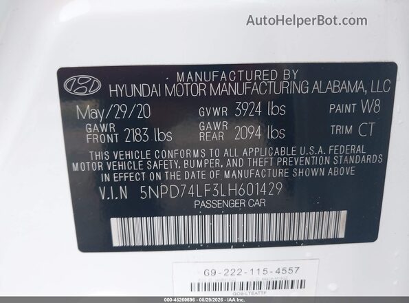 5NPD74LF3LH601429 2020 HYUNDAI ELANTRA White Vista del compartimento del motor