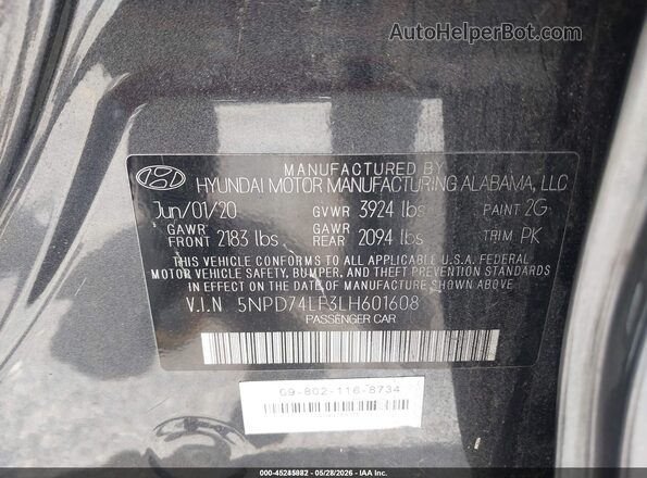 5NPD74LF3LH601608 2020 HYUNDAI ELANTRA Gray ძრავის განყოფილების ხედი
