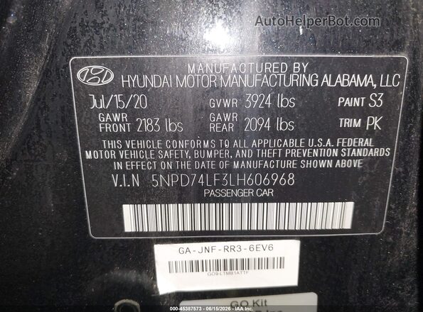 5NPD74LF3LH606968 2020 HYUNDAI ELANTRA Black ძრავის განყოფილების ხედი