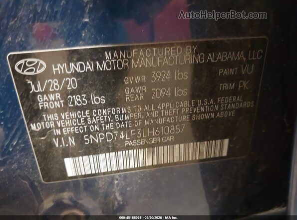 5NPD74LF3LH610857 2020 HYUNDAI ELANTRA Blue 