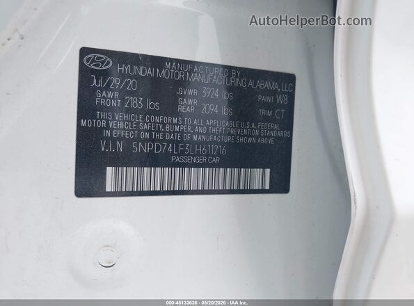 5NPD74LF3LH611216 2020 HYUNDAI ELANTRA White 