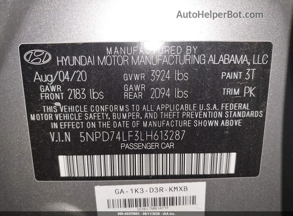 5NPD74LF3LH613287 2020 HYUNDAI ELANTRA Silver ძრავის განყოფილების ხედი