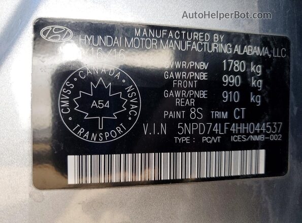 5NPD74LF4HH044537 2017 HYUNDAI ELANTRA Gray 